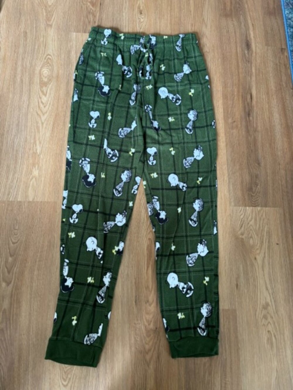 Peanuts Snoopy Unisex Adult Green Plaid Fleece Joggers Lounge Pants Large